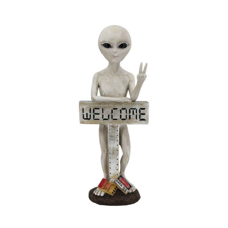 75635-C - Alien Resin Statue W/Welcome Sign Hi-Line Gift Ltd.