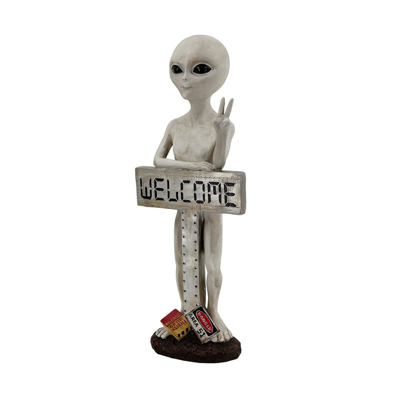 75635-C - Alien Resin Statue W/Welcome Sign Hi-Line Gift Ltd.