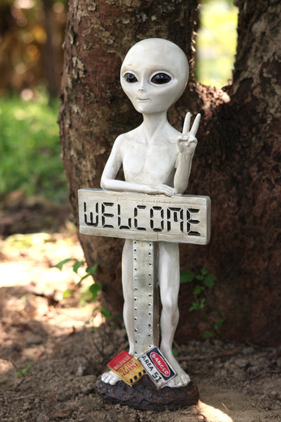 75635-C - Alien Resin Statue W/Welcome Sign Hi-Line Gift Ltd.