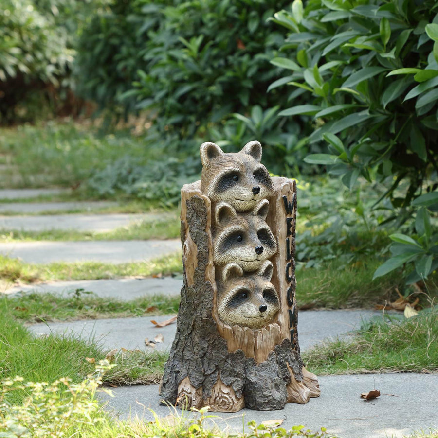 Racoon Stacking By Tree Trunk With Welcome Sign Statue HI-LINE GIFT LTD.