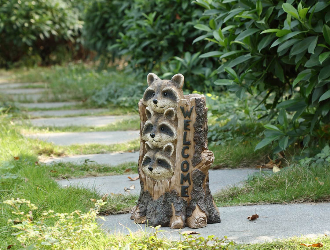 Racoon Stacking By Tree Trunk With Welcome Sign Statue HI-LINE GIFT LTD.