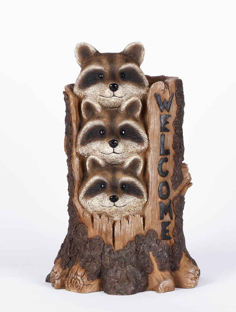Racoon Stacking By Tree Trunk With Welcome Sign Statue HI-LINE GIFT LTD.