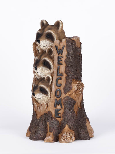 Racoon Stacking By Tree Trunk With Welcome Sign Statue HI-LINE GIFT LTD.