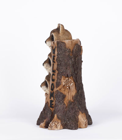 Racoon Stacking By Tree Trunk With Welcome Sign Statue HI-LINE GIFT LTD.