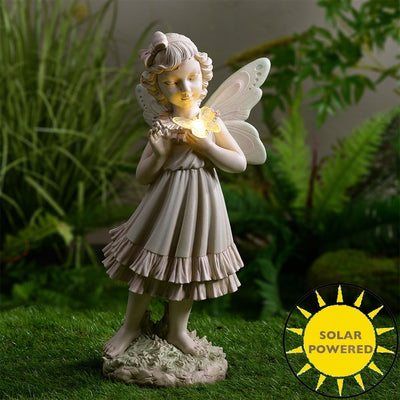 77184-A - Girl Holding Butterfly Lighted Garden Statue Solar Powered LEDs Hi-Line Gift Ltd.