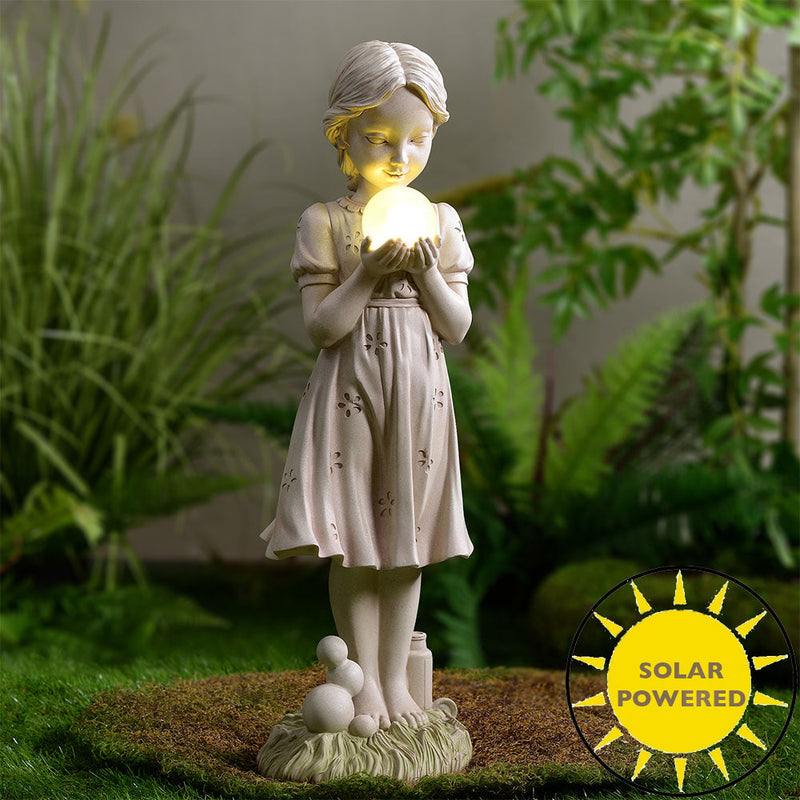 77184-B - Girl Holding Bubble Lighted Garden Statue Solar Powered LEDs Hi-Line Gift Ltd.