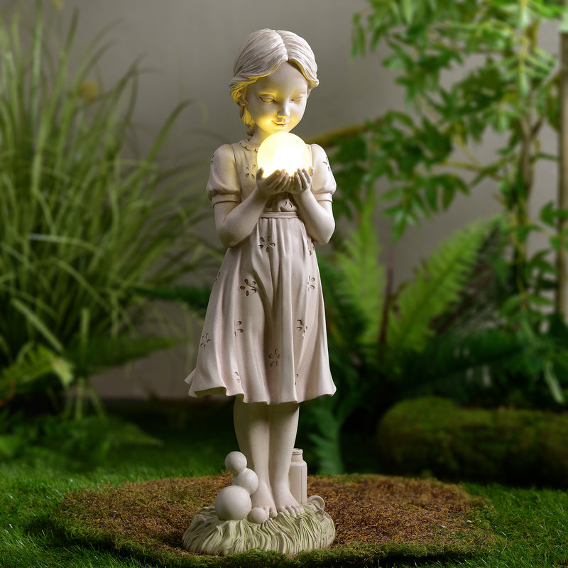 77184-B - Girl Holding Bubble Lighted Garden Statue Solar Powered LEDs