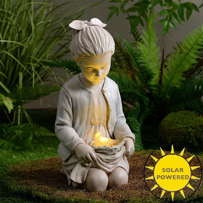 77184-C - Sitting Girl W/ Bird Nest Lighted Garden Statue Solar Powered LEDs Hi-Line Gift Ltd.
