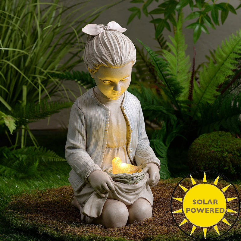 77184-C - Sitting Girl W/ Bird Nest Lighted Garden Statue Solar Powered LEDs Hi-Line Gift Ltd.