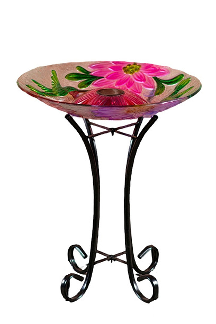 Solar Floral Glass Hummingbird Bath With Stand HI-LINE GIFT LTD.