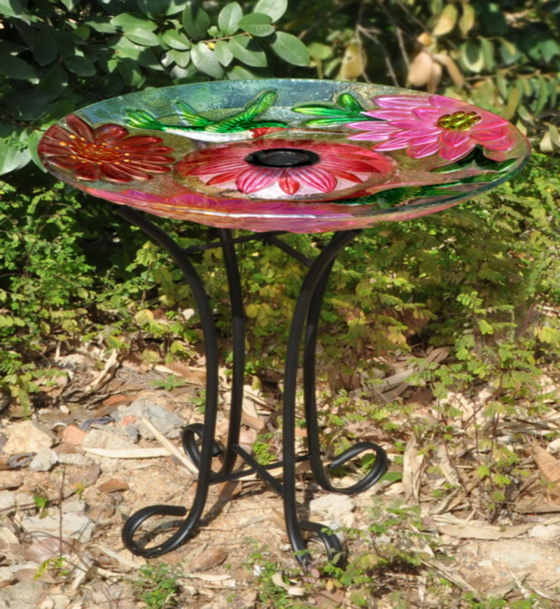 Solar Floral Glass Hummingbird Bath With Stand HI-LINE GIFT LTD.