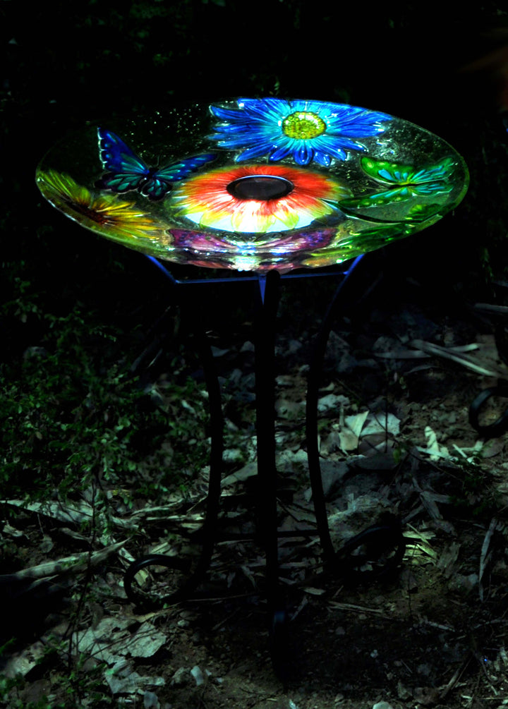 Solar Floral Glass Butterfly Bird Bath With Stand HI-LINE GIFT LTD.