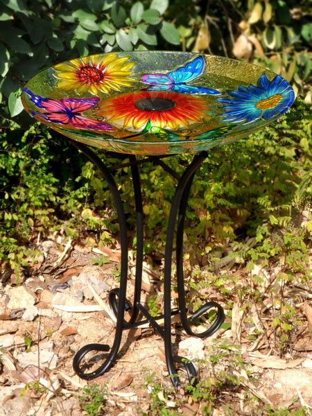 Solar Floral Glass Butterfly Bird Bath With Stand HI-LINE GIFT LTD.