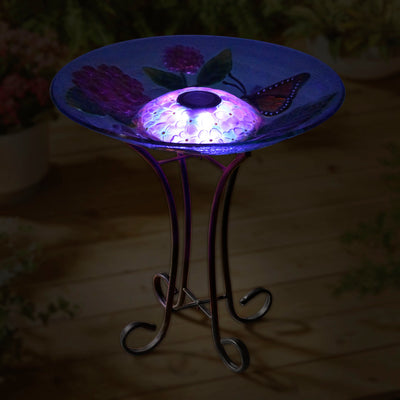 Solar Led Floral Glass Butterfly Bird Bath With Stand HI-LINE GIFT LTD.