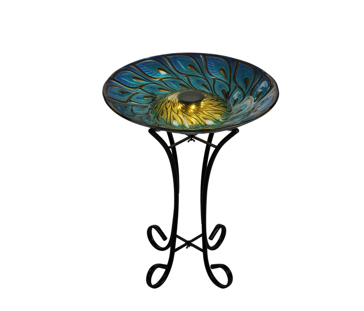 Solar Glass Peacock Feathers Bird Bath With Stand HI-LINE GIFT LTD.