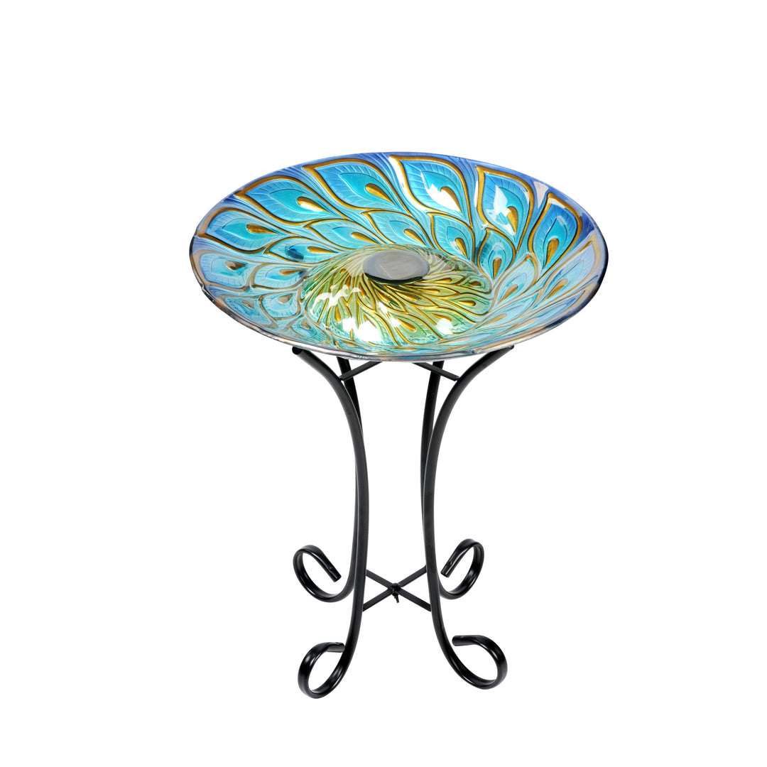 Solar Glass Peacock Feathers Bird Bath With Stand HI-LINE GIFT LTD.