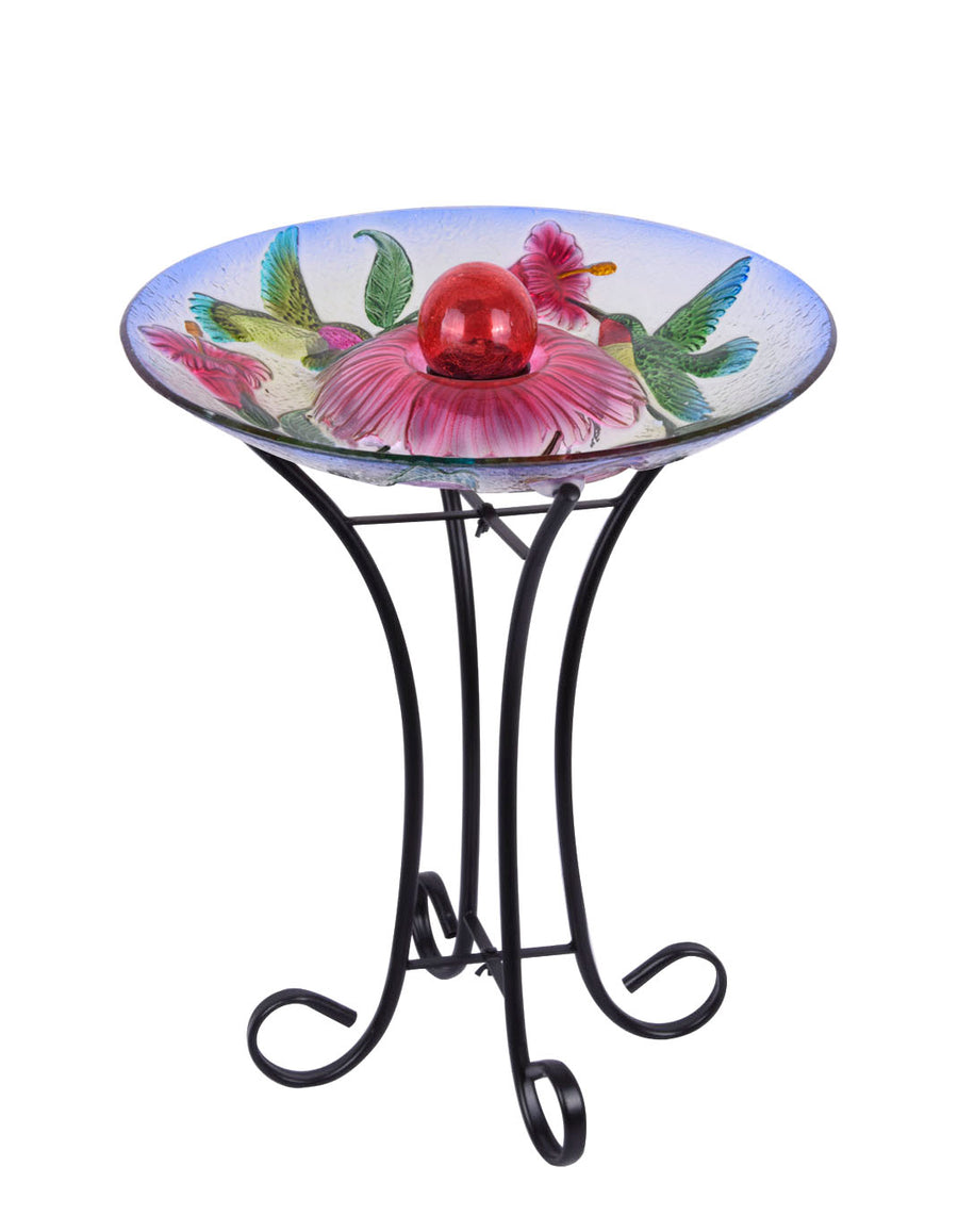 Solar Orb Floral Glass Hummingbird Bird Bath With Stand HI-LINE GIFT LTD.