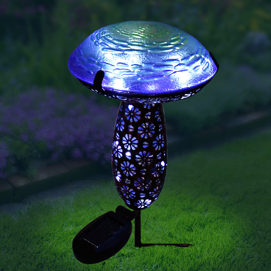 Metal And Glass Solar Mushroom Stake With Led - Blue