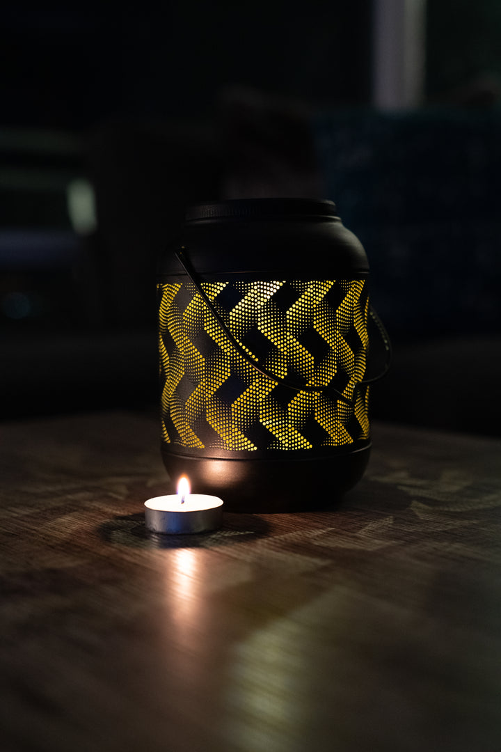 Solar Metal Lantern Light-6 inch Black and Yellow Wave HI-LINE GIFT LTD.