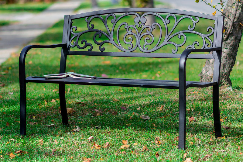 Garden Bench Black Scroll Backrest 50 Inch Long HI-LINE GIFT LTD.
