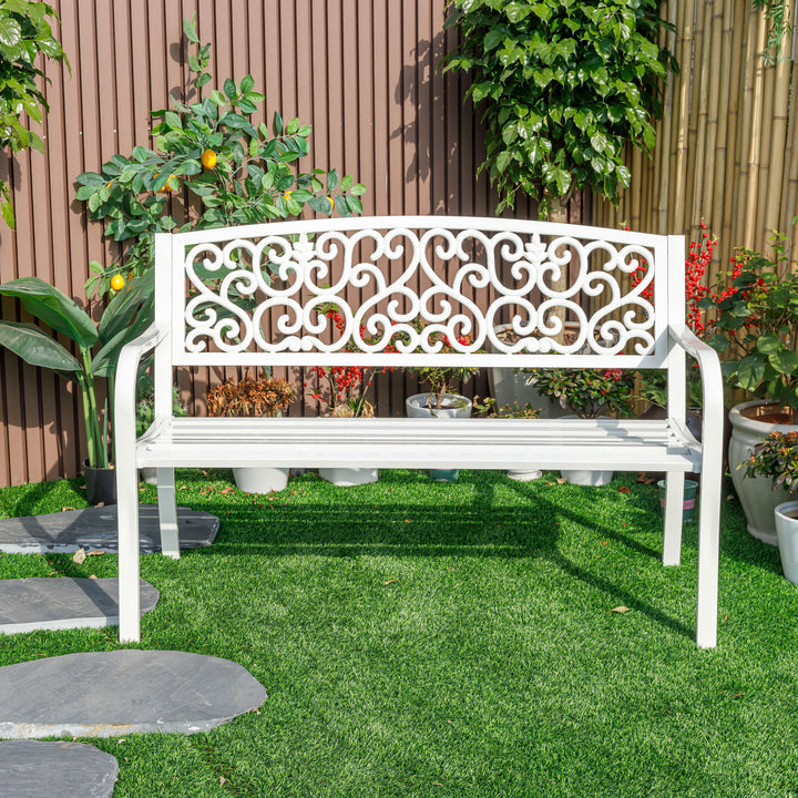 78661-B-WT -  Harmony in White- Steel and Cast Iron Garden Bench for Outdoor Serenity HI-LINE GIFT