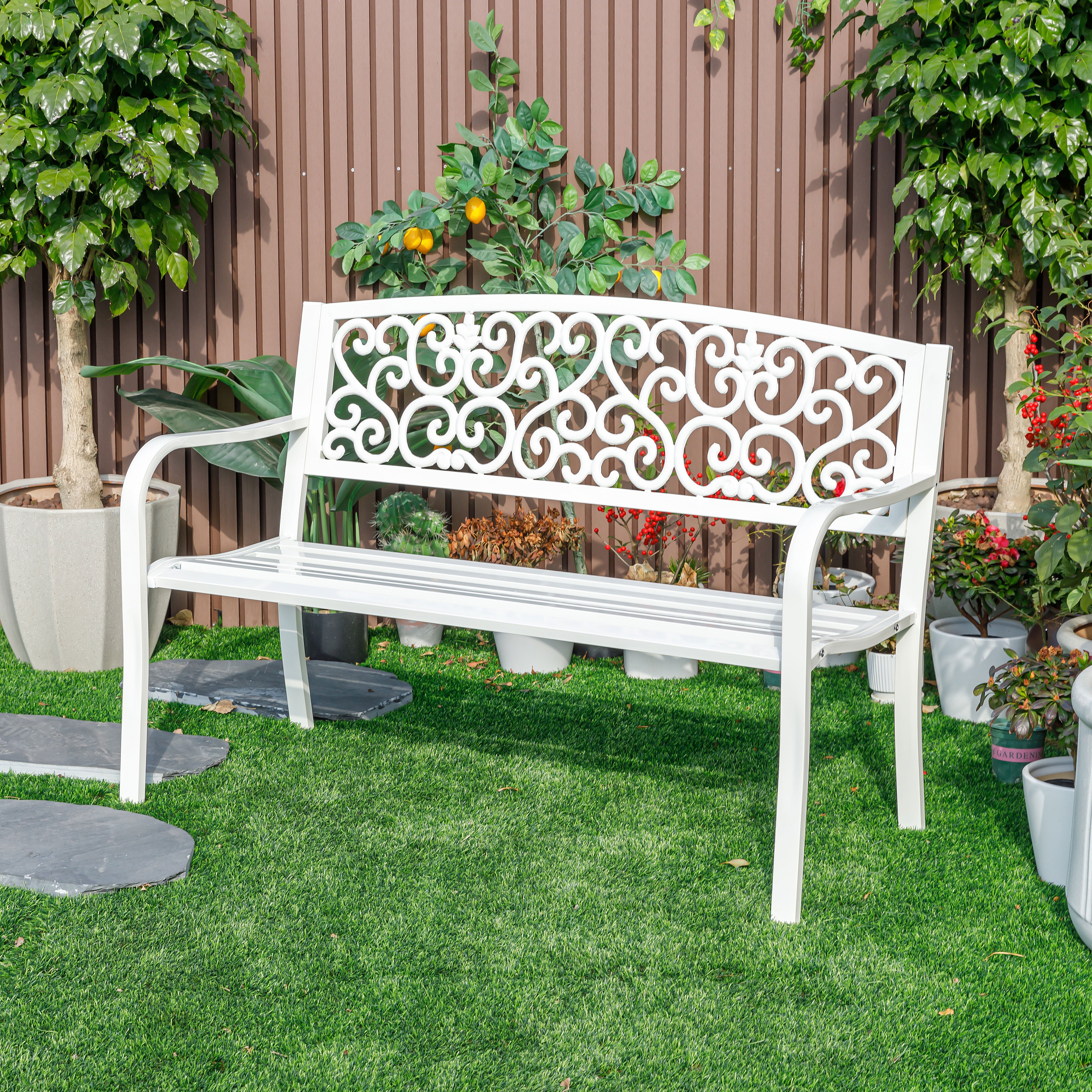78661-B-WT - Harmony in White- Steel and Cast Iron Garden Bench
