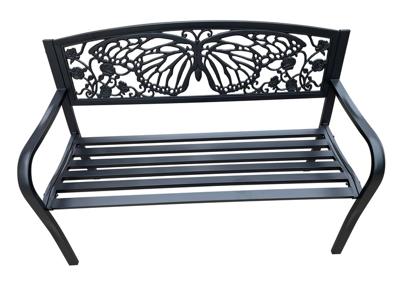 78662-D-BK - 50" Outdoor Metal Garden Bench with Butterfly Backrest Design - Black Hi-Line Gift Ltd.