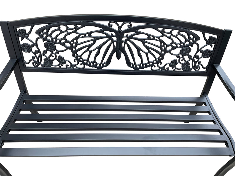 78662-D-BK - 50" Outdoor Metal Garden Bench with Butterfly Backrest Design - Black Hi-Line Gift Ltd.