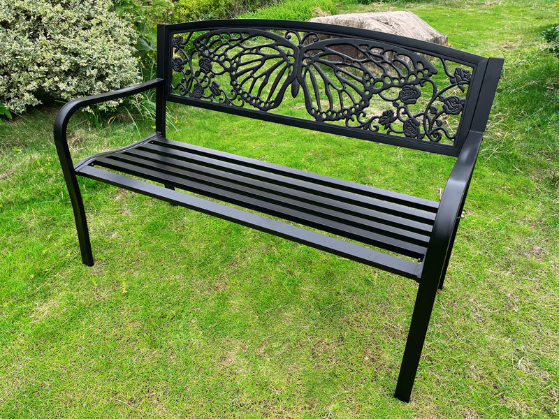 78662-D-BK - 50" Outdoor Metal Garden Bench with Butterfly Backrest Design - Black Hi-Line Gift Ltd.