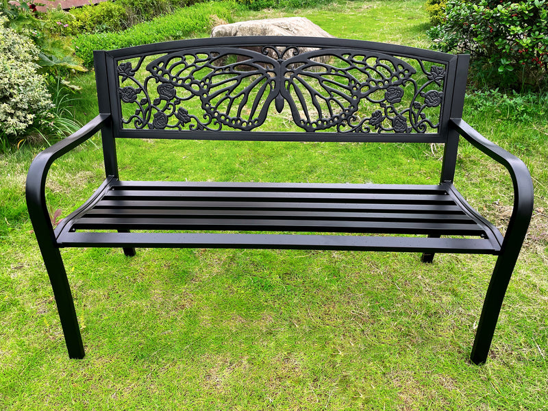 78662-D-BK - 50" Outdoor Metal Garden Bench with Butterfly Backrest Design - Black Hi-Line Gift Ltd.