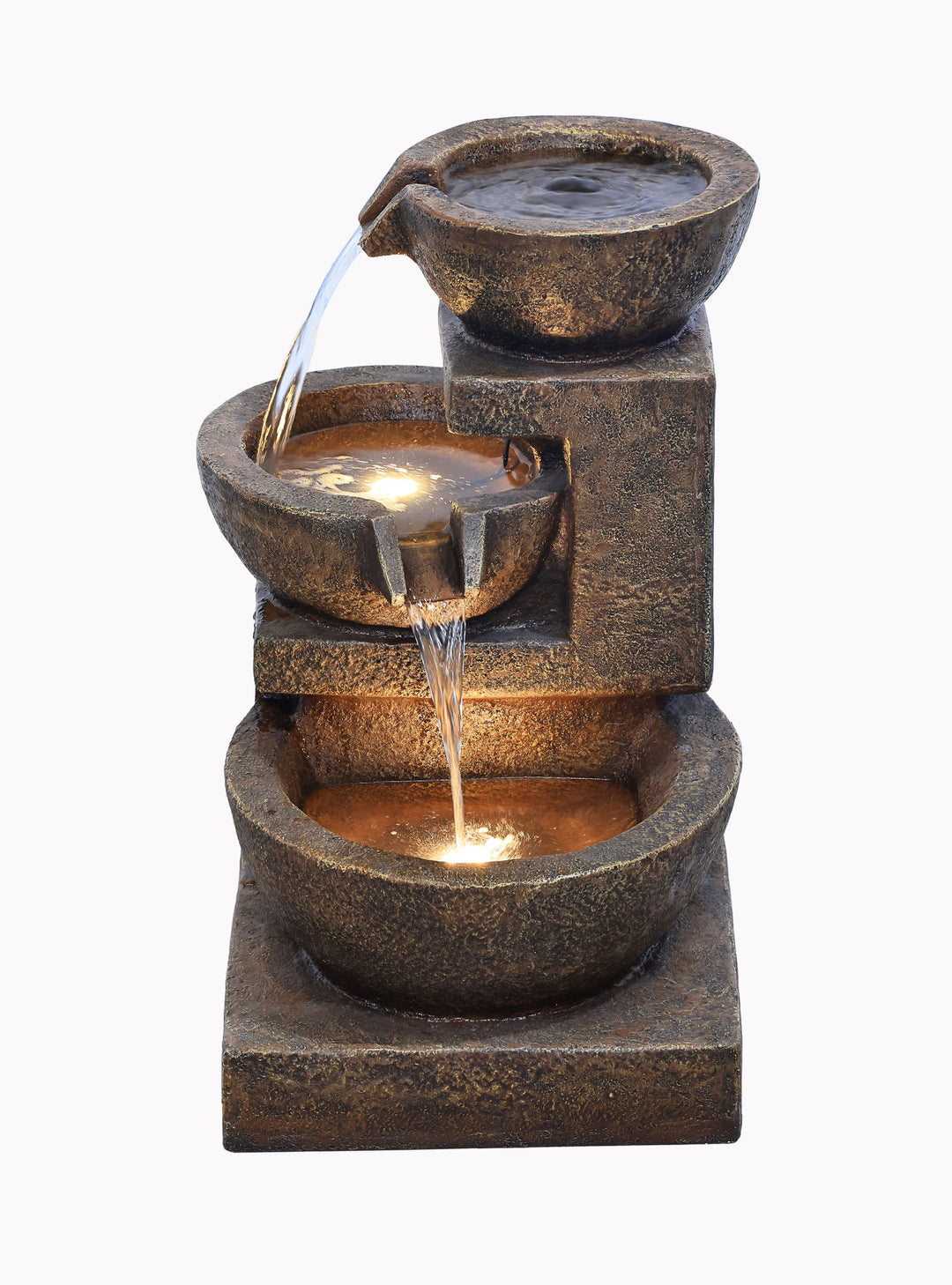 79061-BR - Cascading Bowl Fountain with Dual Warm White LEDs - Brown Hi-Line Gift Ltd.