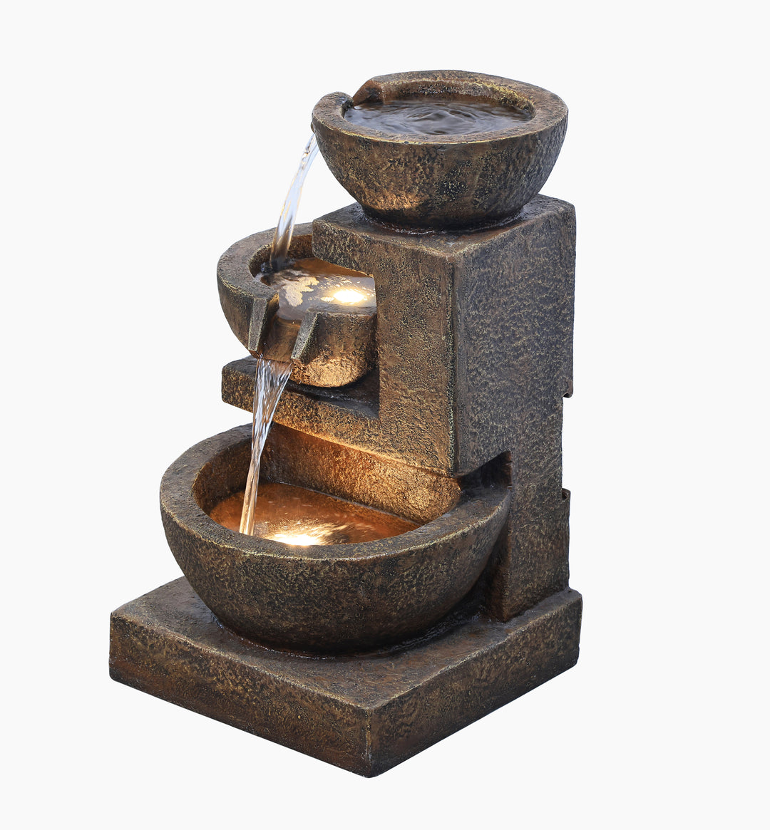 79061-BR - Cascading Bowl Fountain with Dual Warm White LEDs - Brown Hi-Line Gift Ltd.