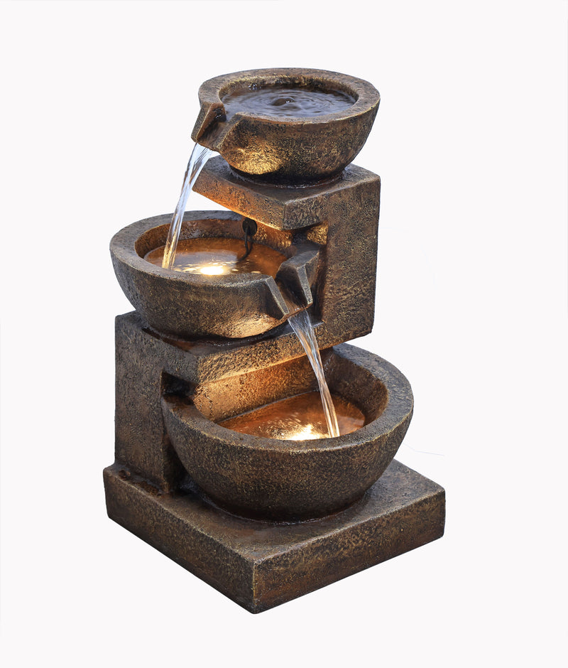 79061-BR - Cascading Bowl Fountain with Dual Warm White LEDs - Brown Hi-Line Gift Ltd.
