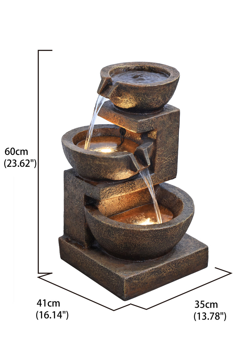 79061-BR - Cascading Bowl Fountain with Dual Warm White LEDs - Brown Hi-Line Gift Ltd.