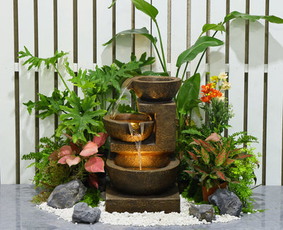 79061-BR - Cascading Bowl Fountain with Dual Warm White LEDs - Brown Hi-Line Gift Ltd.