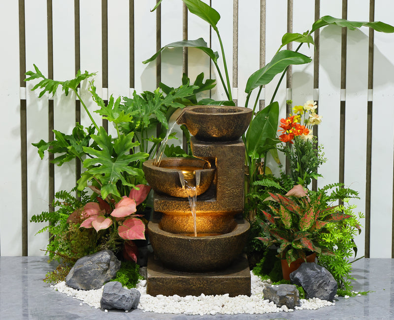 79061-BR - Cascading Bowl Fountain with Dual Warm White LEDs - Brown Hi-Line Gift Ltd.
