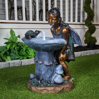 Girl Playing By Water Fountain W/white Led Hi-Line Gift Ltd.