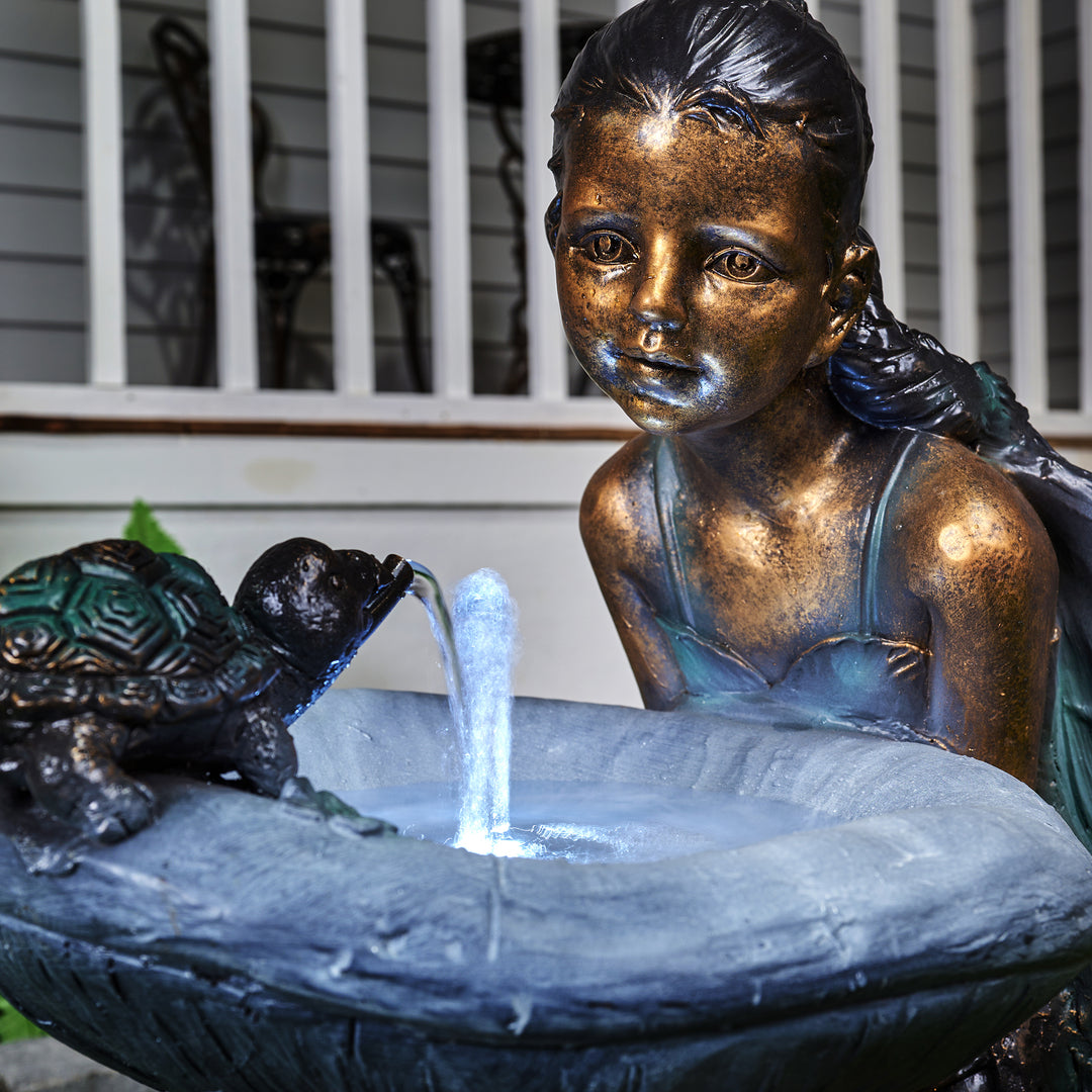 Girl Playing By Water Fountain W/white Led Hi-Line Gift Ltd.