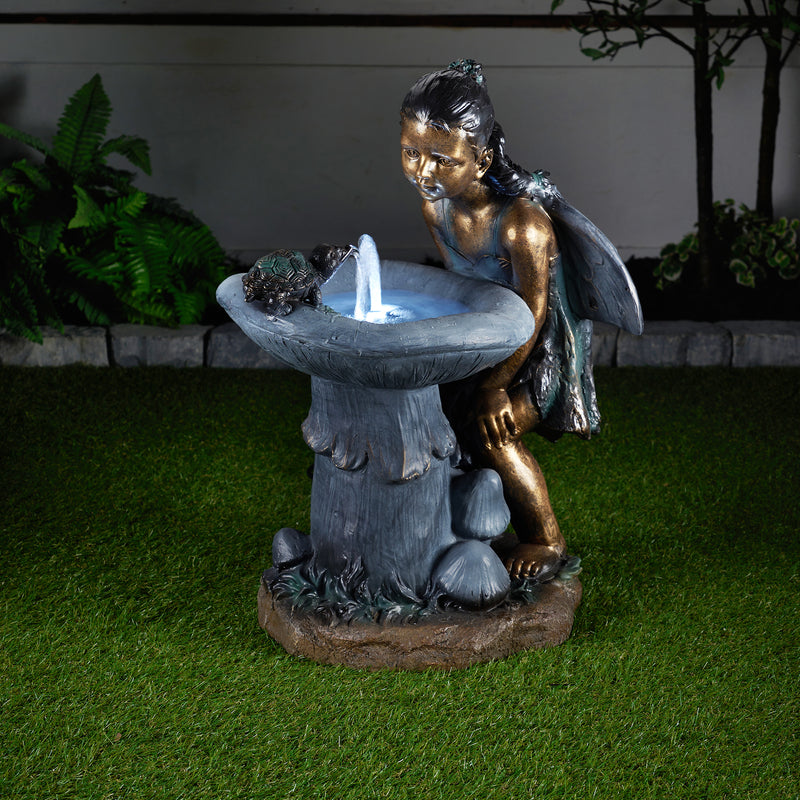 Girl Playing By Water Fountain W/white Led Hi-Line Gift Ltd.