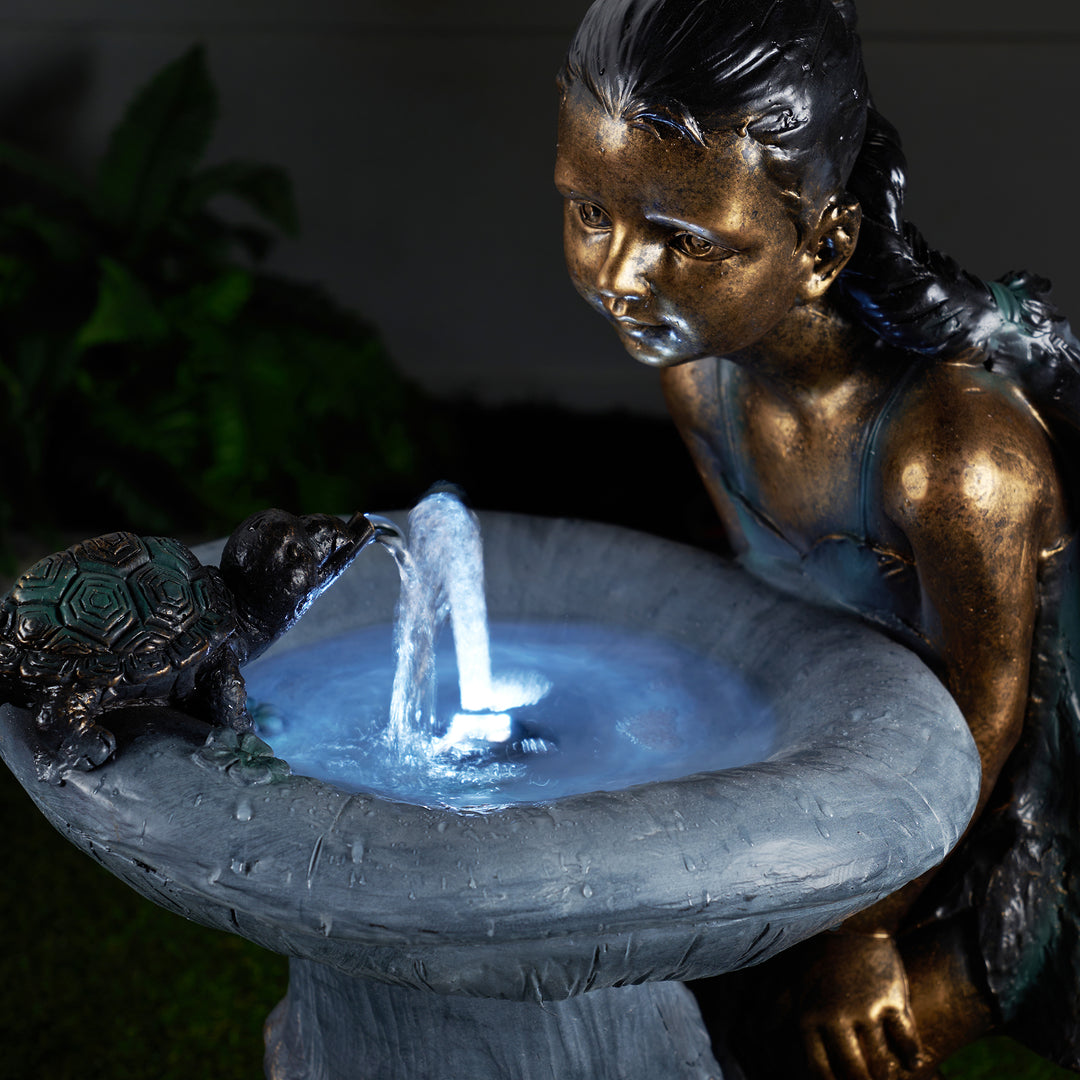 Girl Playing By Water Fountain W/white Led Hi-Line Gift Ltd.