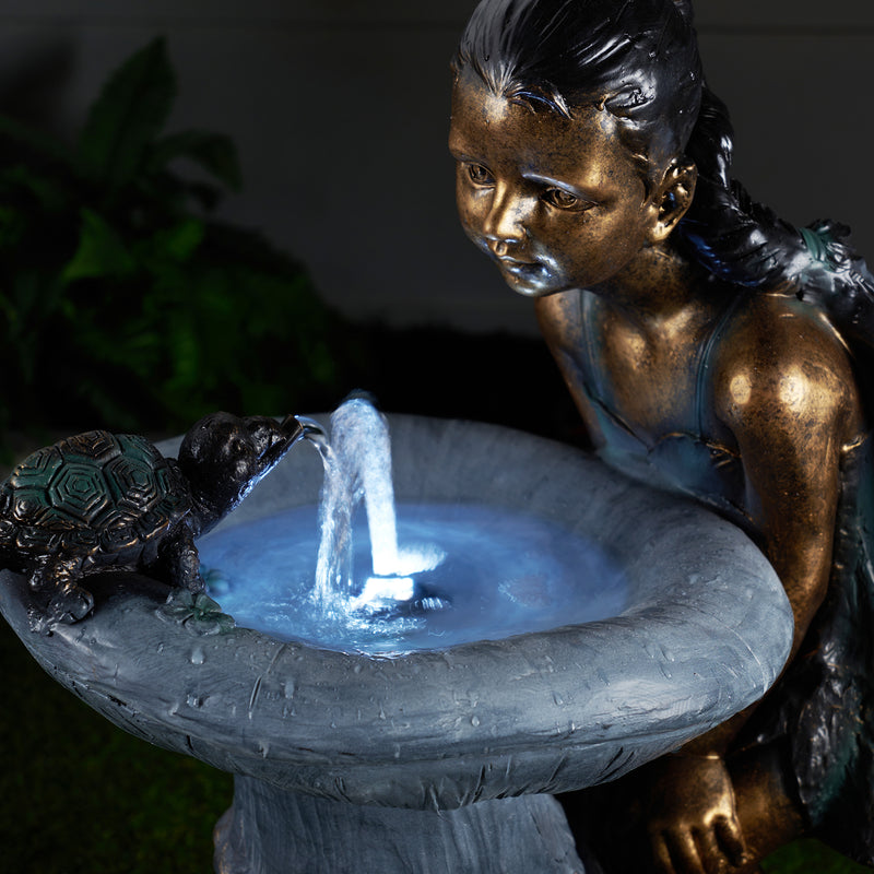 Girl Playing By Water Fountain W/white Led Hi-Line Gift Ltd.