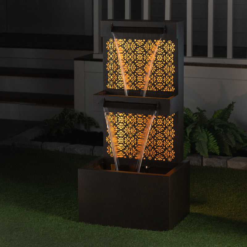 Zinc Metal Double-deck Hollowing Waterfall Fountain W/leds Hi-Line Gift Ltd.