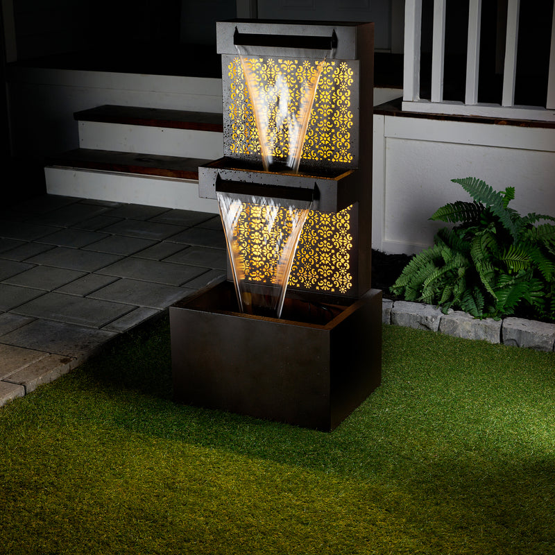 Zinc Metal Double-deck Hollowing Waterfall Fountain W/leds Hi-Line Gift Ltd.