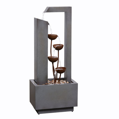 79533-N-GY - Steel Cups Fountain with Pump and River Stones - Outdoor Hi-Line Gift Ltd.