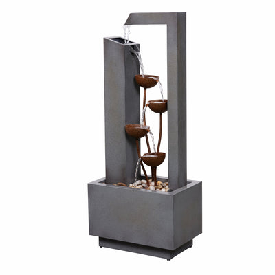 79533-N-GY - Steel Cups Fountain with Pump and River Stones - Outdoor Hi-Line Gift Ltd.