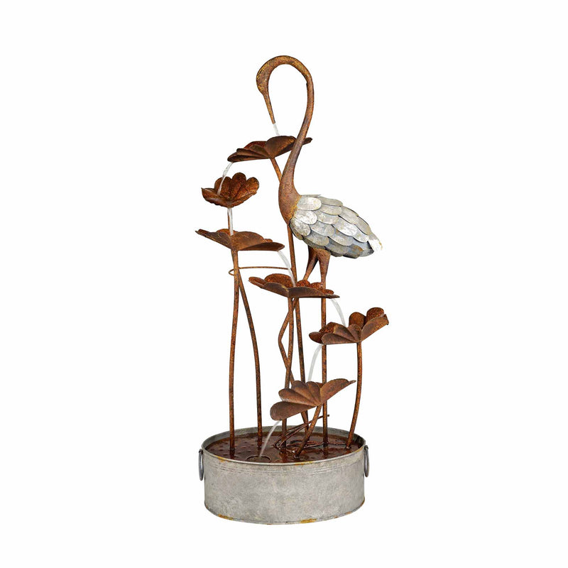 Metal Crane W/Leaves In Pail Fountain HI-LINE GIFT LTD.