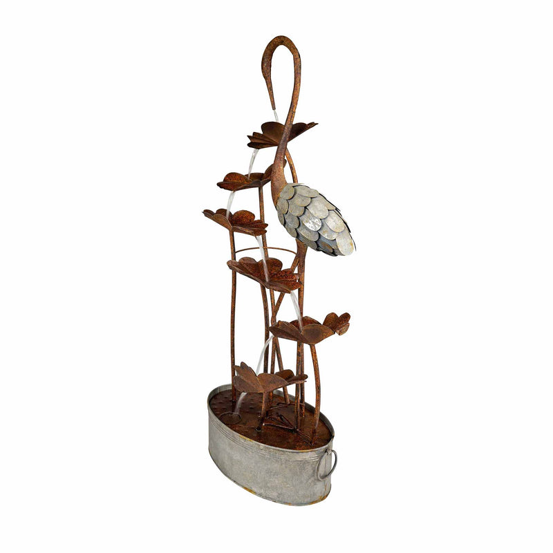 Metal Crane W/Leaves In Pail Fountain HI-LINE GIFT LTD.