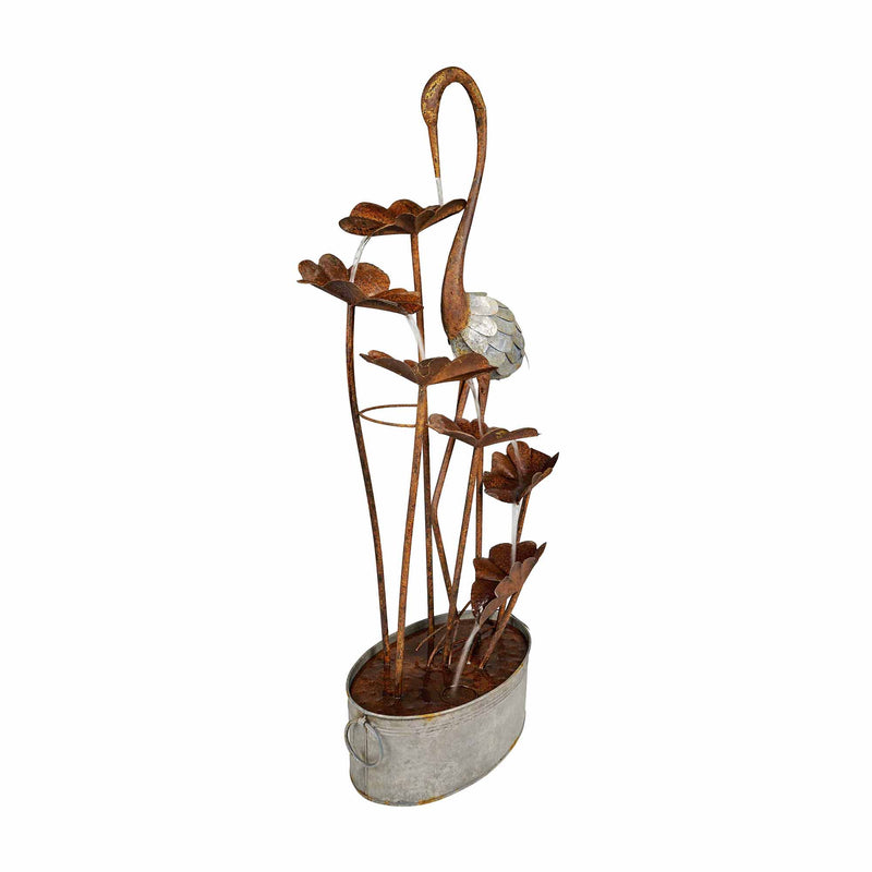 Metal Crane W/Leaves In Pail Fountain HI-LINE GIFT LTD.