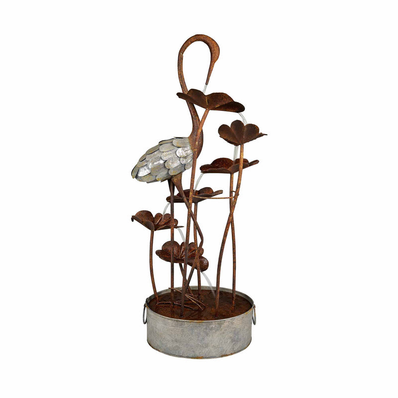 Metal Crane W/Leaves In Pail Fountain HI-LINE GIFT LTD.