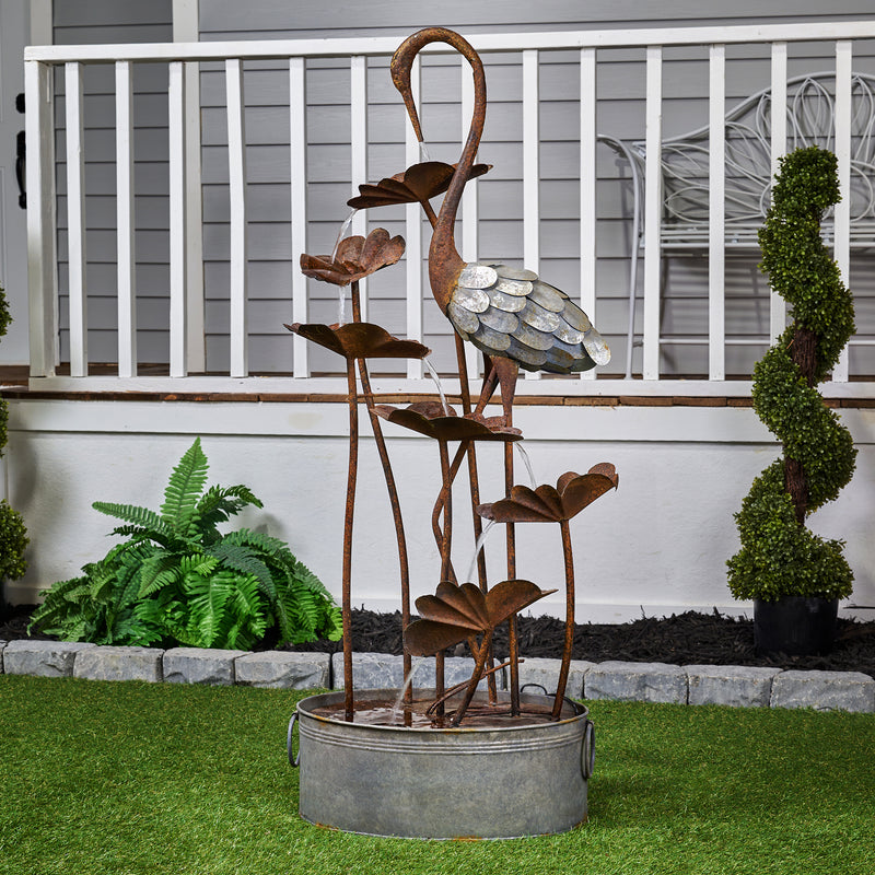 Metal Crane W/Leaves In Pail Fountain HI-LINE GIFT LTD.